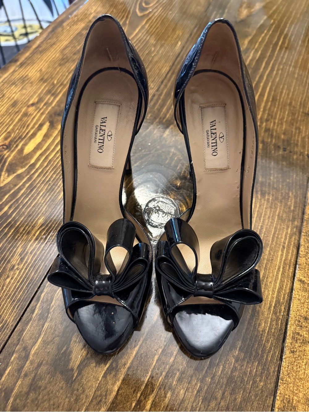 Valentino Black Patent Leather Bow Peep-Toe Heels